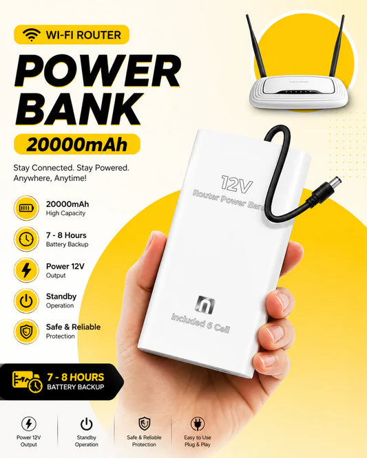 12V WiFi Router Power Bank 20000mAh – 7-8 Hours Backup