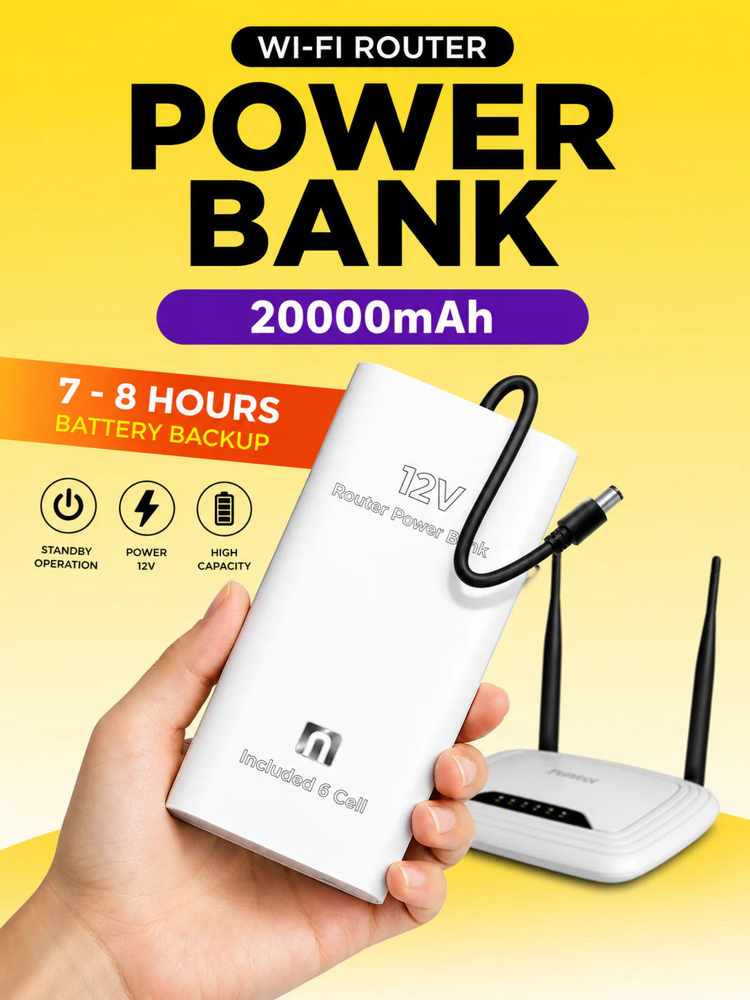12V WiFi Router Power Bank 20000mAh – 7-8 Hours Backup