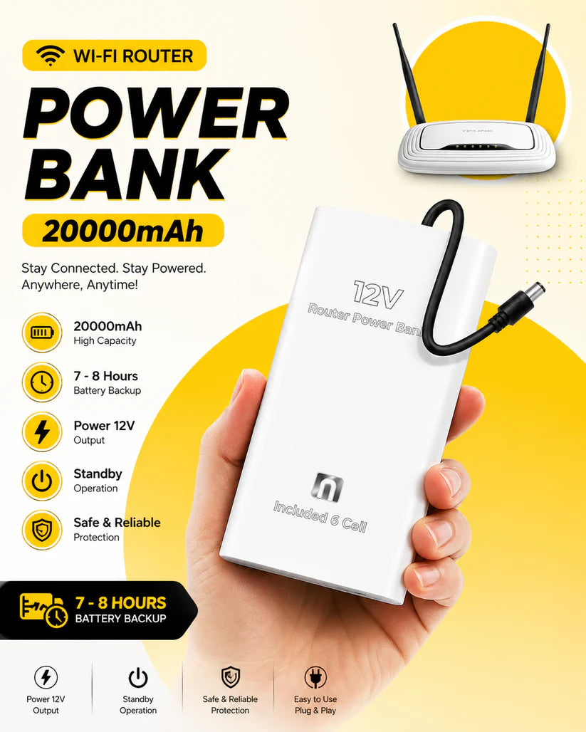12V WiFi Router Power Bank 20000mAh – 7-8 Hours Backup