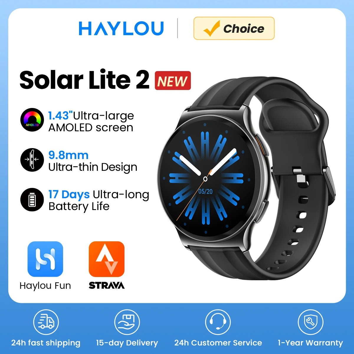 HAYLOU Solar Lite 2 Smartwatch – 1.43'' AMOLED, Bluetooth Calling, 17-Day Battery
